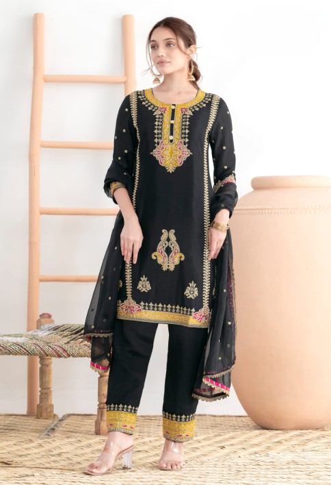 Black Embroidered Chinnon Pant Kameez for Festival